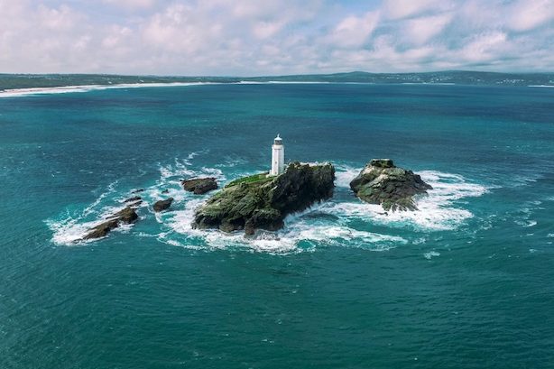 godrevy lighthouse from the sky south coast near st ives bay best beaches
